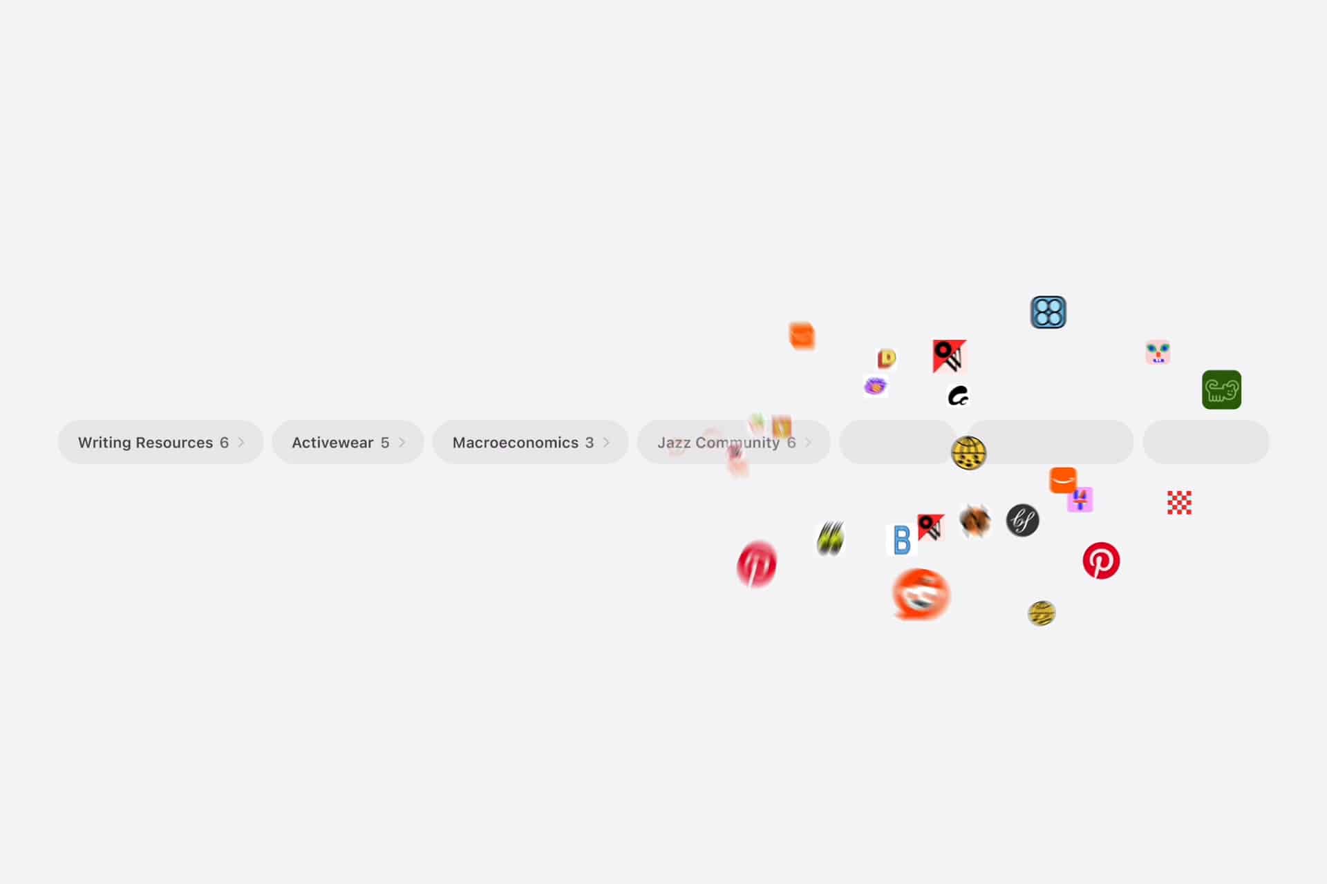 A minimalist interface shows labeled circles on the left for topics like “Writing Resources,” “Activewear,” and “Macroeconomics,” while colorful app icons scatter toward the right, evoking the sleek design of Safari tabs rumored for WWDC26, on a light gray background.