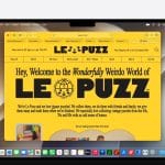 A laptop screen displays the LE PUZZ website in Safari tabs, featuring a bright yellow background, bold black text, and a circular logo. The site welcomes visitors to the “Wonderfully Weirdo World of LE PUZZ,” a jigsaw puzzle retailer.