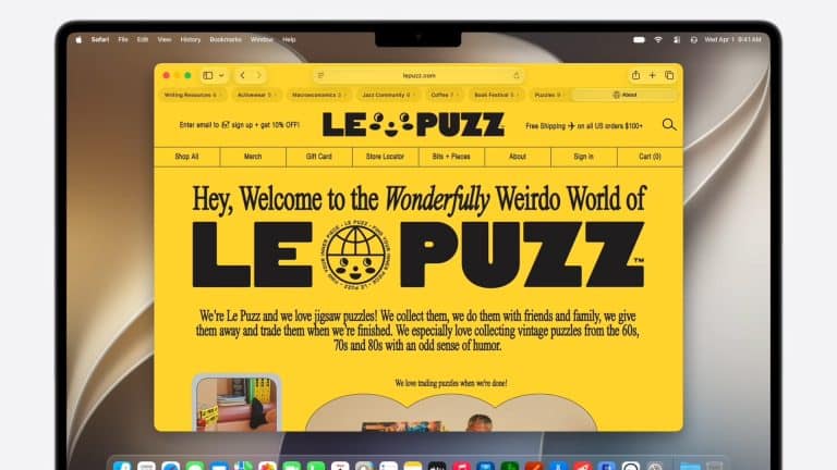 A laptop screen displays the LE PUZZ website in Safari tabs, featuring a bright yellow background, bold black text, and a circular logo. The site welcomes visitors to the “Wonderfully Weirdo World of LE PUZZ,” a jigsaw puzzle retailer.