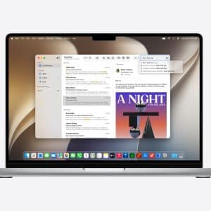A MacBook running macOS 27 Golden Gate displays an email inbox with several messages listed and one selected, showing its contents on the right. The desktop features a light brown abstract background and a dock with various app icons at the bottom.