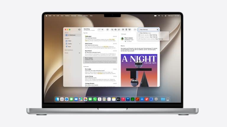 A MacBook running macOS 27 Golden Gate displays an email inbox with several messages listed and one selected, showing its contents on the right. The desktop features a light brown abstract background and a dock with various app icons at the bottom.