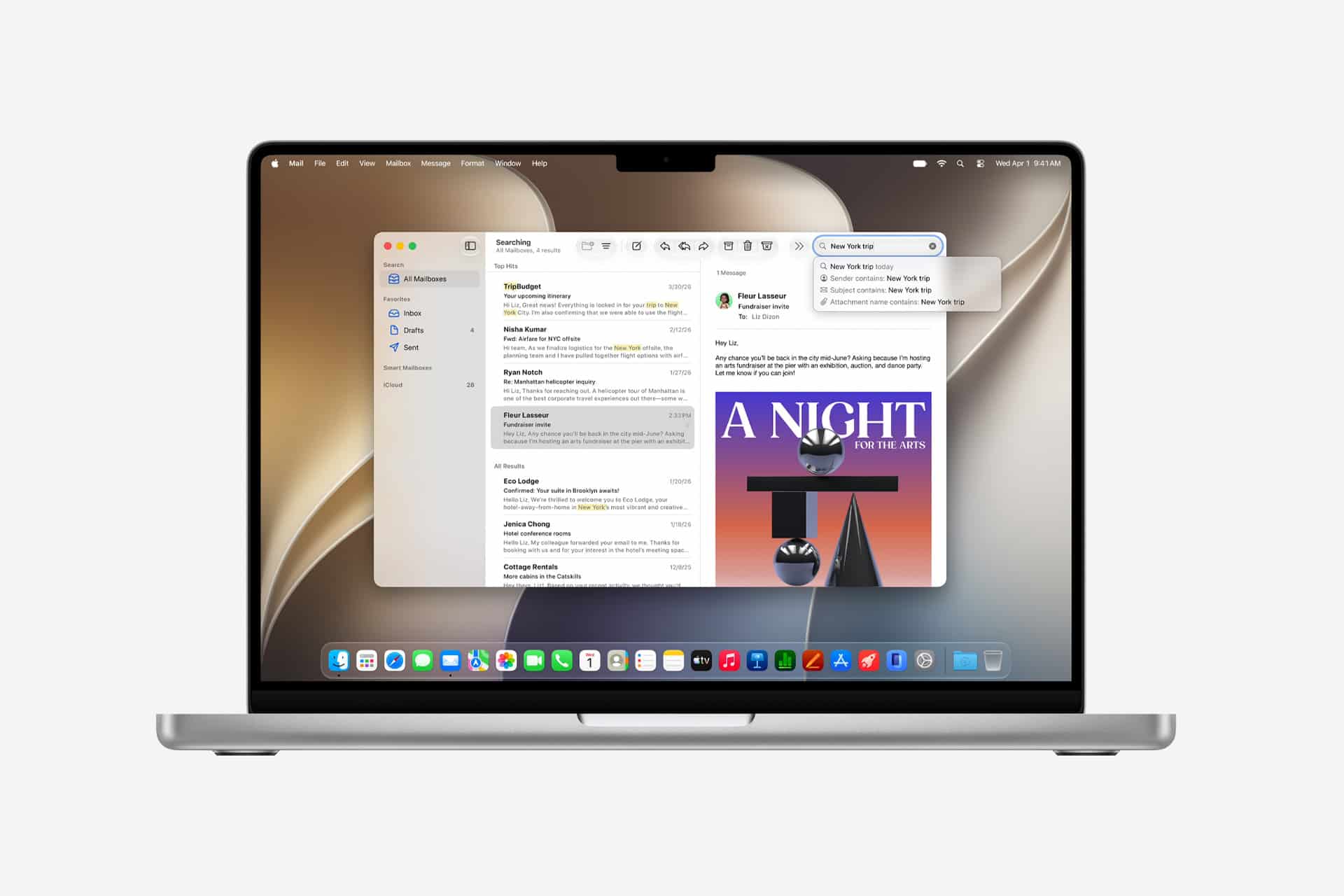 A MacBook running macOS 27 Golden Gate displays an email inbox with several messages listed and one selected, showing its contents on the right. The desktop features a light brown abstract background and a dock with various app icons at the bottom.