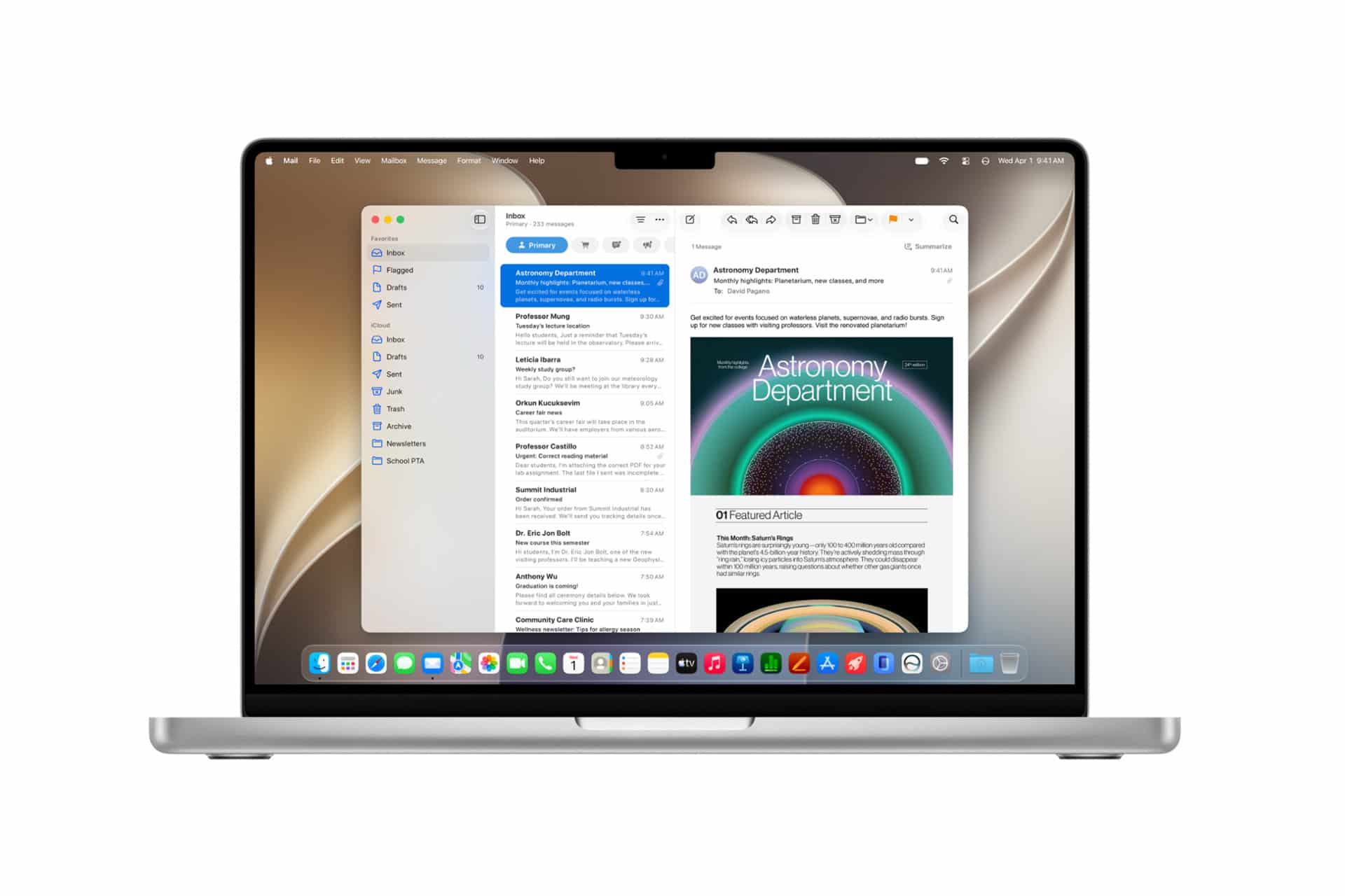 macOS 27 compatibility - A laptop displays the Apple Mail app open on the screen, showing a list of emails and one with the subject "Astronomy Department" and colorful graphics, all running seamlessly with macOS 27 compatibility. The desktop features a light, abstract wallpaper.