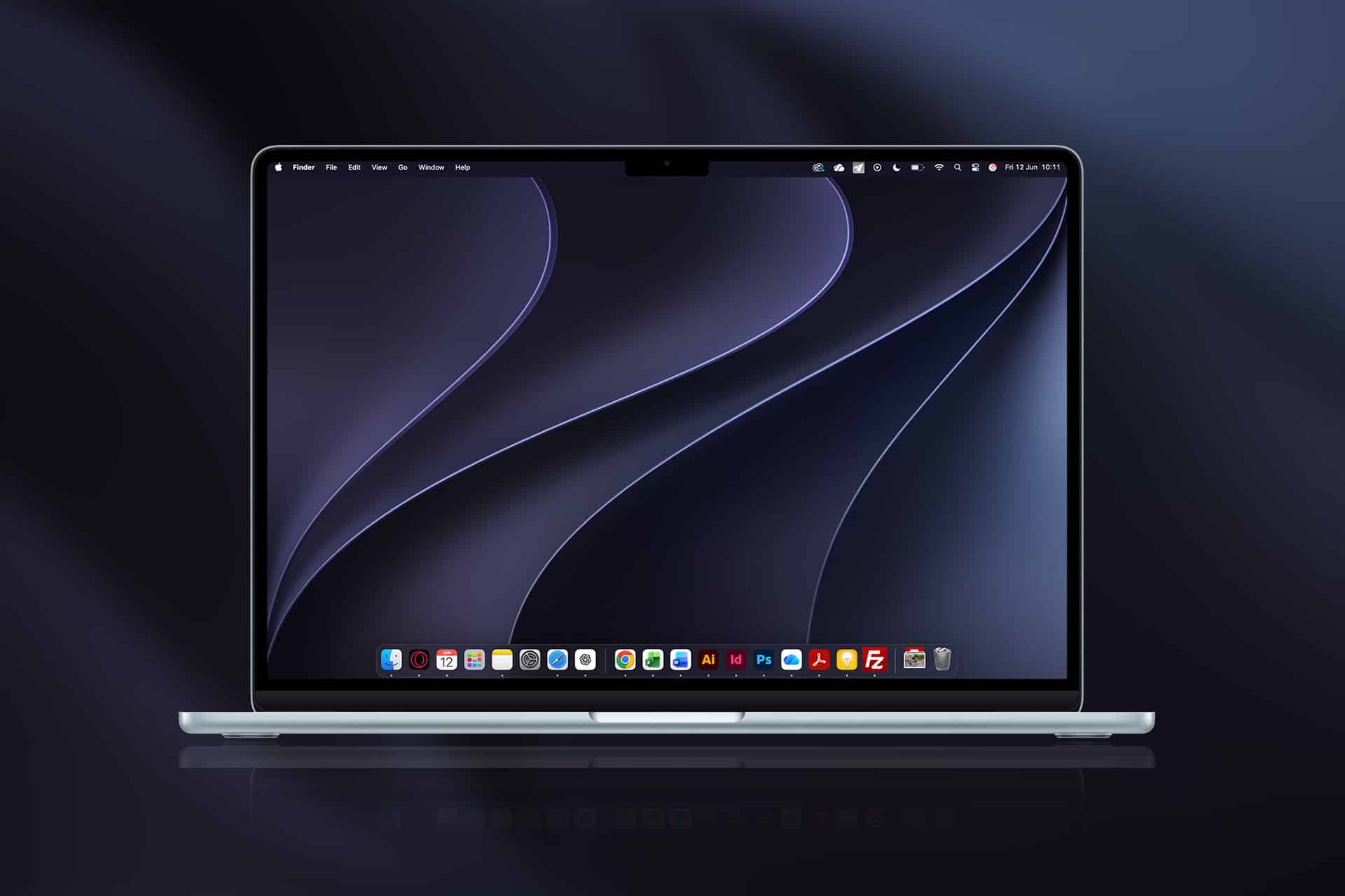 A silver laptop powered by Apple silicon displays a dark abstract wallpaper with curved lines. Running macOS 27 Golden Gate, its screen shows several application icons along the bottom dock, with a blurred background in dark shades.