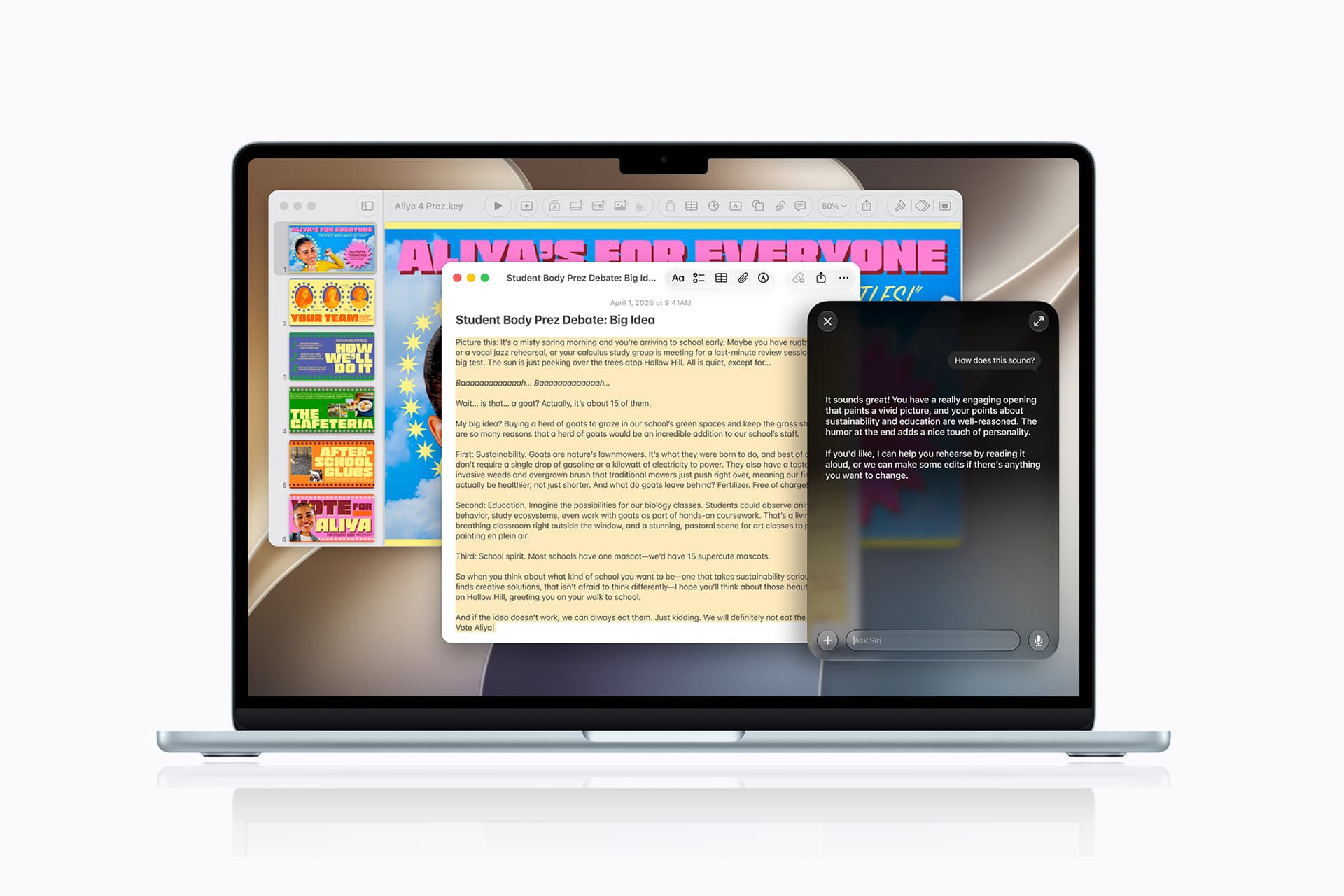 A laptop running macOS 27 displays a colorful article on student body elections, with a sidebar of posters on the left and a chat window open on the right, where an AI assistant is generating a response.