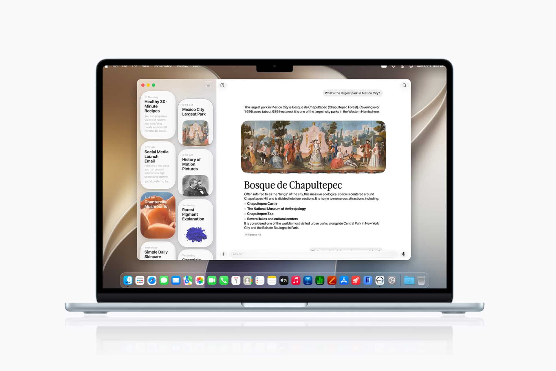 A laptop with Apple silicon displays a web page about Bosque de Chapultepec, featuring text, a historic painting, and a sidebar of local highlights. The device, running macOS 27, is set against a plain white background.