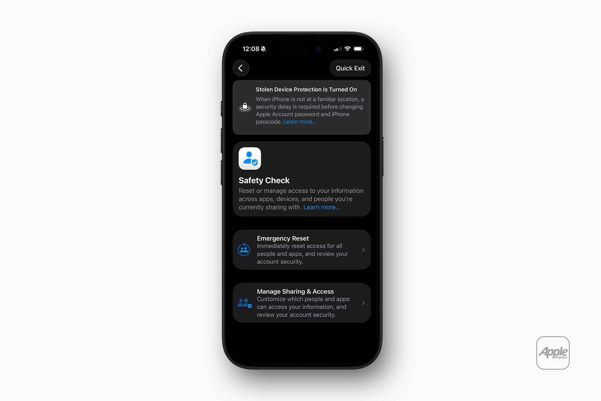 An iPhone displays the Safety Check screen, showing options for Emergency Reset and Manage Sharing & Access, with information about Stolen Device Protection and how to hide location at the top. The background is gray with a small Apple logo in the corner.