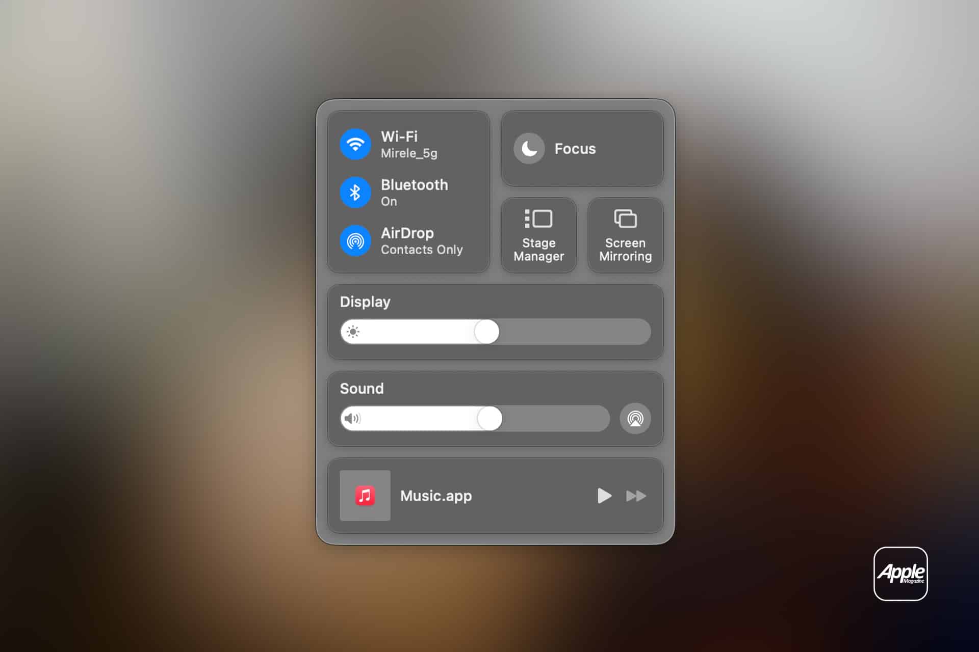 A screenshot of the macOS Control Center showing Wi-Fi, Bluetooth, AirDrop, Focus mode, Display, Sound controls, and a Music app player at the bottom. Mac AirPlay screen mirroring options are also featured. The Apple logo is visible in the lower right corner.