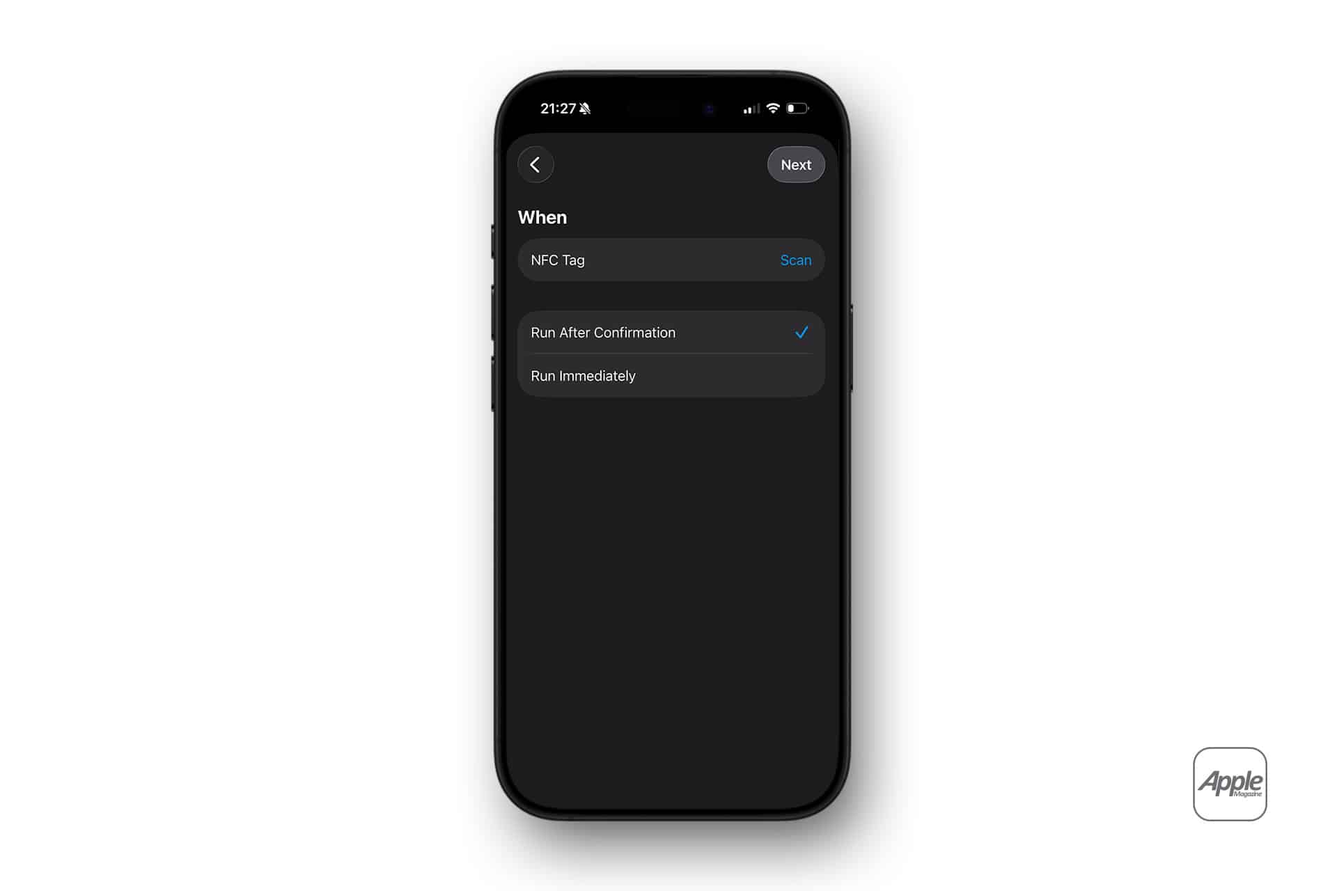 A smartphone screen shows an Apple Shortcuts automation setup with "NFC Tag" as the trigger and "Run Immediately" enabled. The dark-themed interface features "Next" in the corner and an Apple logo at the bottom right.