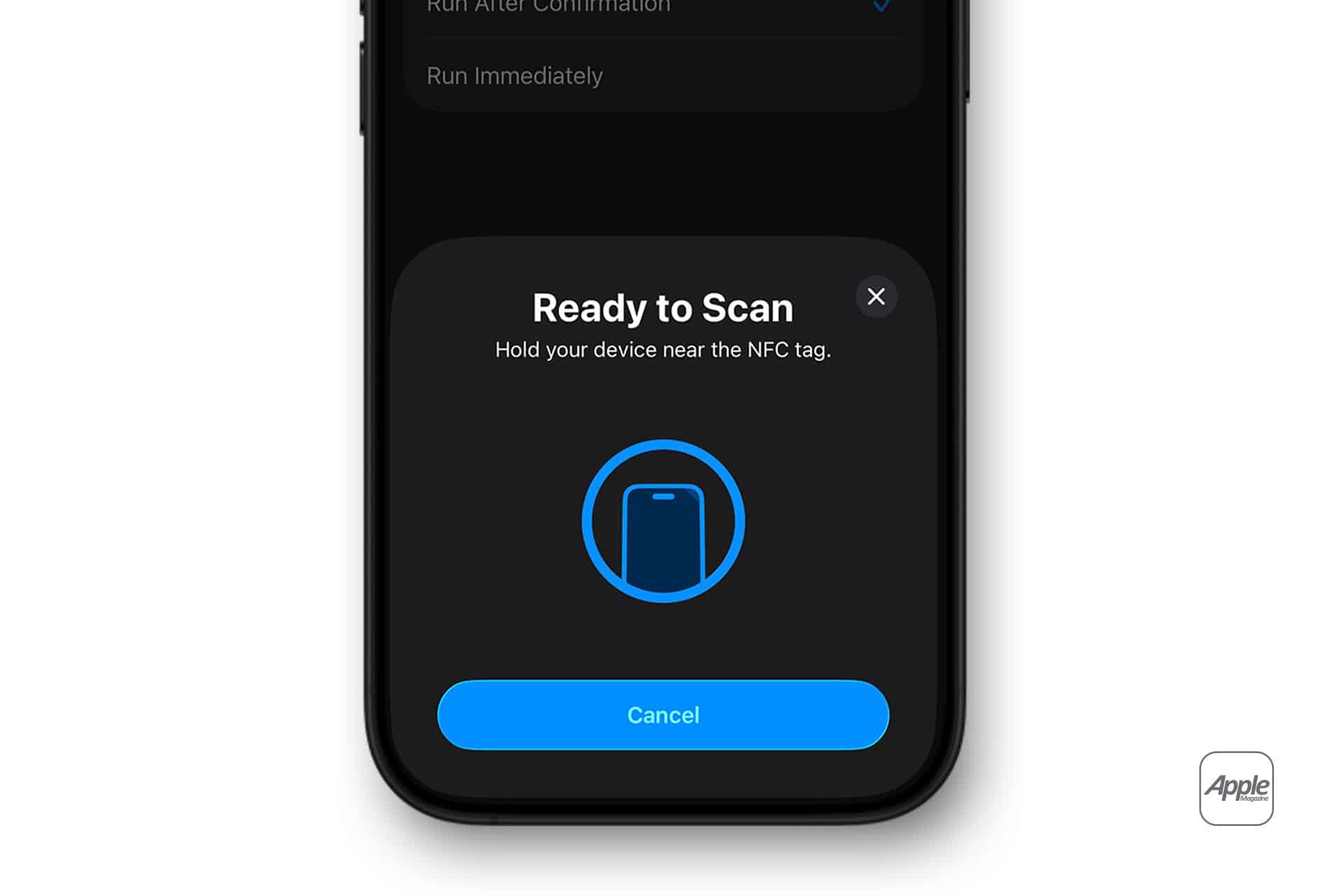 A smartphone screen displays a “Ready to Scan” prompt, guiding the user to hold their device near iPhone NFC tags. A circular NFC icon and a blue “Cancel” button appear below, perfect for triggering Shortcuts or seamless NFC automation.