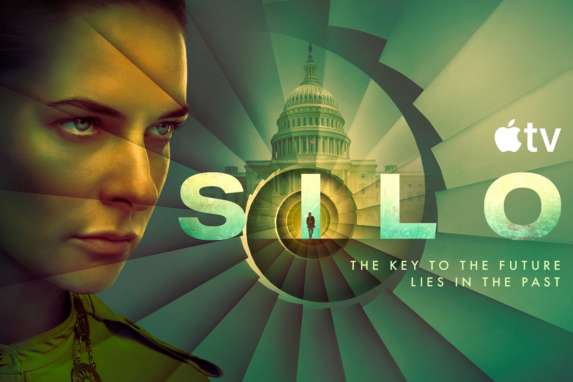 A serious woman’s face is on the left, with a spiral tunnel leading to the U.S. Capitol dome in the center. The text reads "SILO," "The key to the future lies in the past," and hints at Silo season 3, alongside the Apple TV logo.