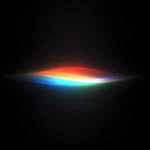 A glowing, abstract wave of light displaying colors of the rainbow on a black background, with hues blending smoothly from red to violet—evoking the innovative spirit of Apple Intelligence unveiled at WWDC26.
