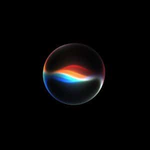 A black background with a glowing sphere in the center, featuring colorful light waves—red, orange, blue, and green—swirling horizontally inside the sphere, evoking a futuristic Siri AI interface.