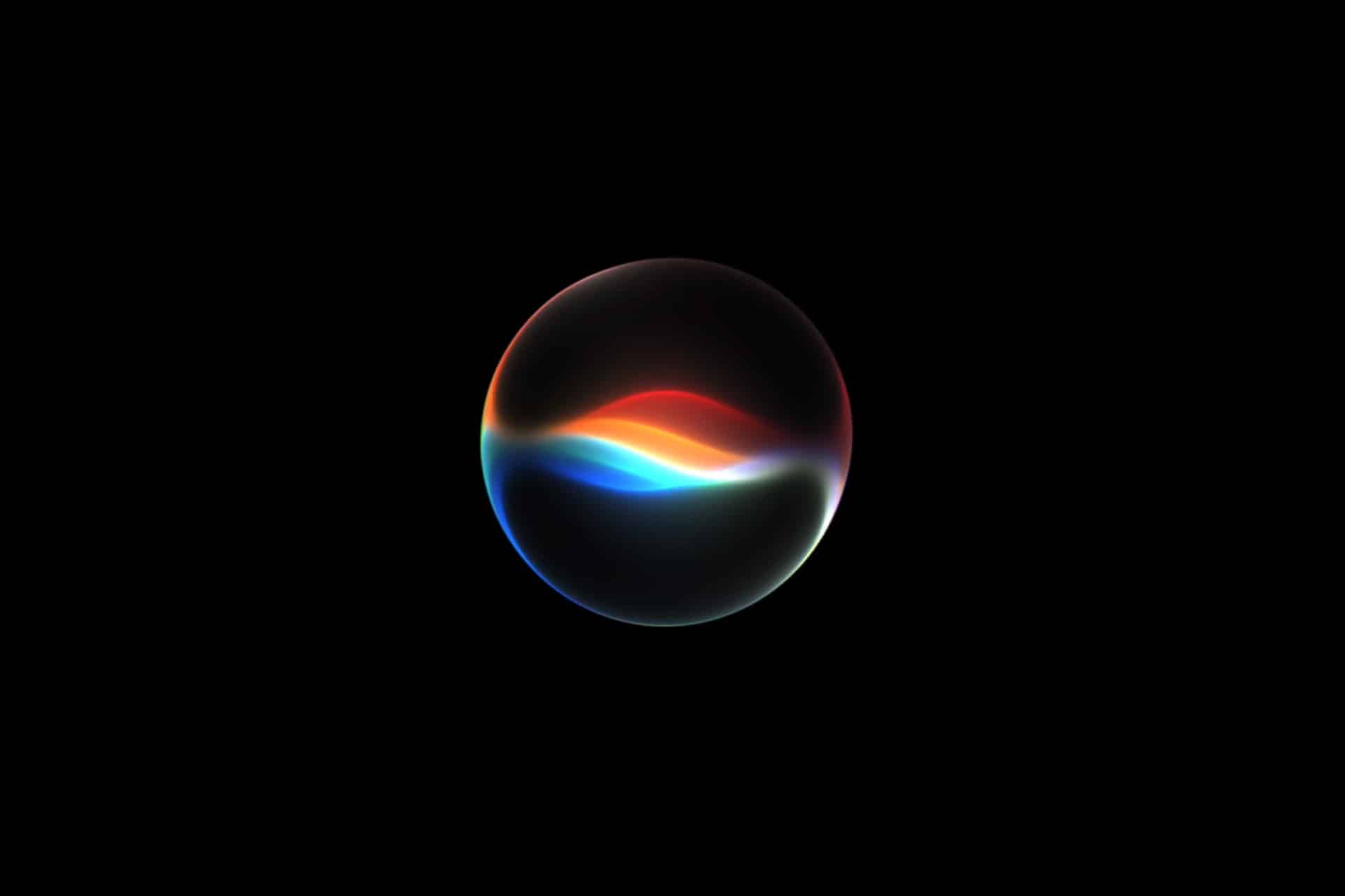 A black background with a glowing sphere in the center, featuring colorful light waves—red, orange, blue, and green—swirling horizontally inside the sphere, evoking a futuristic Siri AI interface.