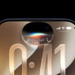 Close-up of a smartphone screen displaying the time 0:41, with Siri AI showcased in the dynamic island at the top, rainbow-like light effect glowing, and battery, Wi-Fi, and signal icons visible in the corner.