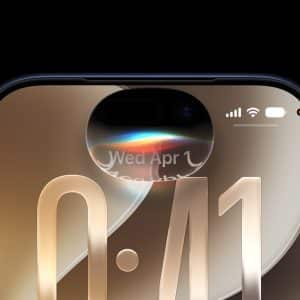 Close-up of a smartphone screen displaying the time 0:41, with Siri AI showcased in the dynamic island at the top, rainbow-like light effect glowing, and battery, Wi-Fi, and signal icons visible in the corner.