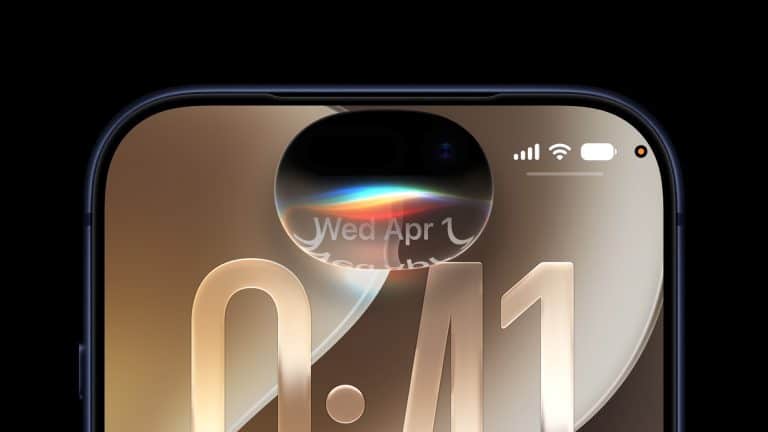 Close-up of a smartphone screen displaying the time 0:41, with Siri AI showcased in the dynamic island at the top, rainbow-like light effect glowing, and battery, Wi-Fi, and signal icons visible in the corner.