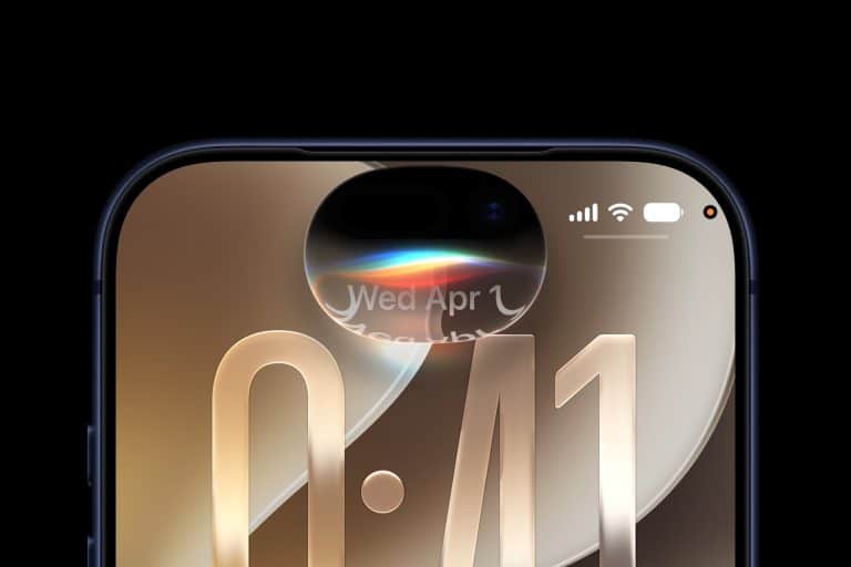 Close-up of a smartphone screen displaying the time 0:41, with Siri AI showcased in the dynamic island at the top, rainbow-like light effect glowing, and battery, Wi-Fi, and signal icons visible in the corner.