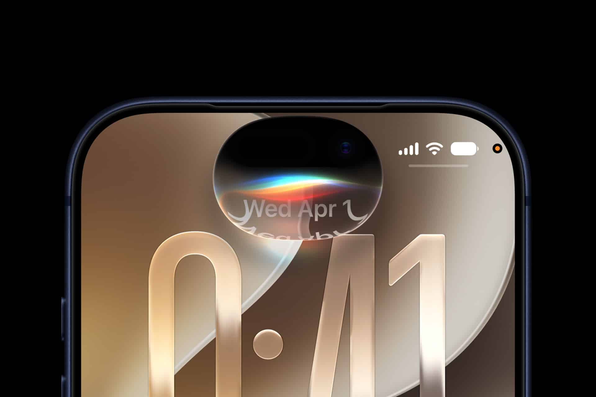 Close-up of a smartphone screen displaying the time 0:41, with Siri AI showcased in the dynamic island at the top, rainbow-like light effect glowing, and battery, Wi-Fi, and signal icons visible in the corner.