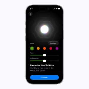 An iPhone screen displays a Siri AI customization interface with options to adjust voice, pace, and expressivity. Colored dots represent voice options, and sliders allow users to personalize their Siri experience. A Continue button is at the bottom.