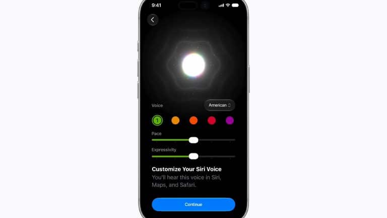An iPhone screen displays a Siri AI customization interface with options to adjust voice, pace, and expressivity. Colored dots represent voice options, and sliders allow users to personalize their Siri experience. A Continue button is at the bottom.