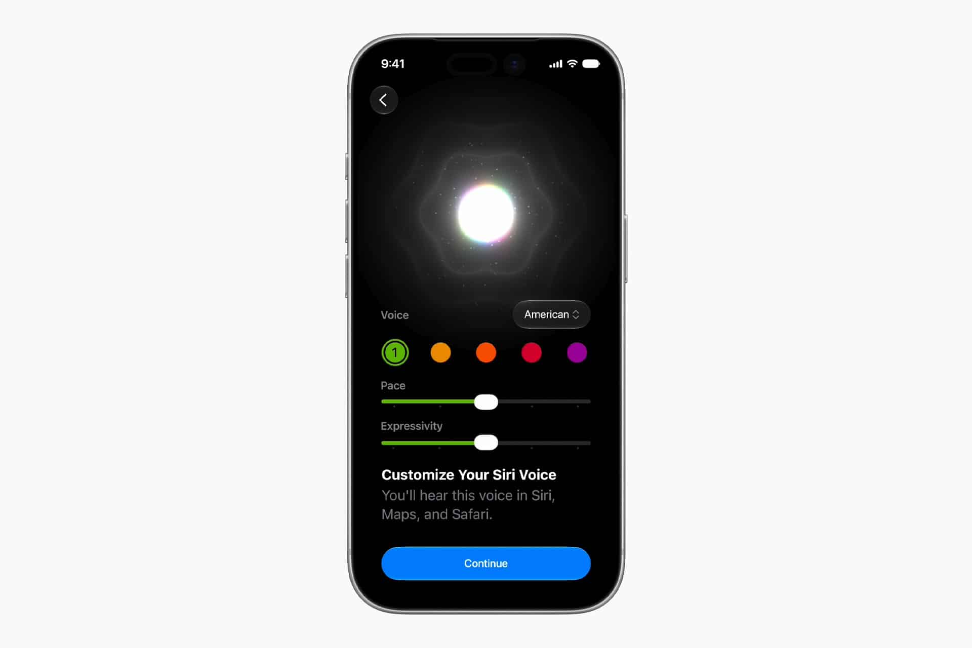An iPhone screen displays a Siri AI customization interface with options to adjust voice, pace, and expressivity. Colored dots represent voice options, and sliders allow users to personalize their Siri experience. A Continue button is at the bottom.