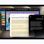 An iPad screen displays three apps side by side: a cartoon slideshow, a notes app with a debate script, and a messaging window titled “How does this sound?” showing feedback text enhanced by Siri AI.