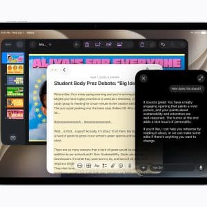 An iPad screen displays three apps side by side: a cartoon slideshow, a notes app with a debate script, and a messaging window titled “How does this sound?” showing feedback text enhanced by Siri AI.