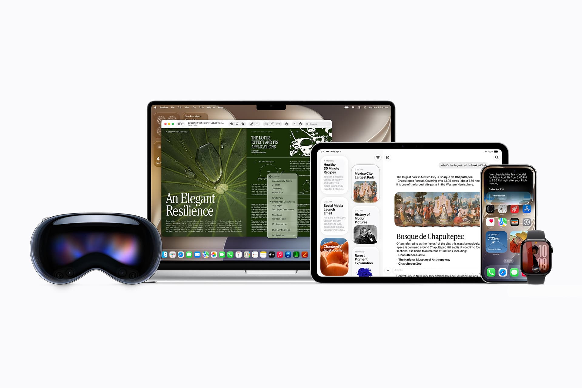 A lineup of Apple devices, including a Vision Pro headset, MacBook, iPad, iPhone with Siri AI, and Apple Watch, all displaying different apps and screens against a plain white background.