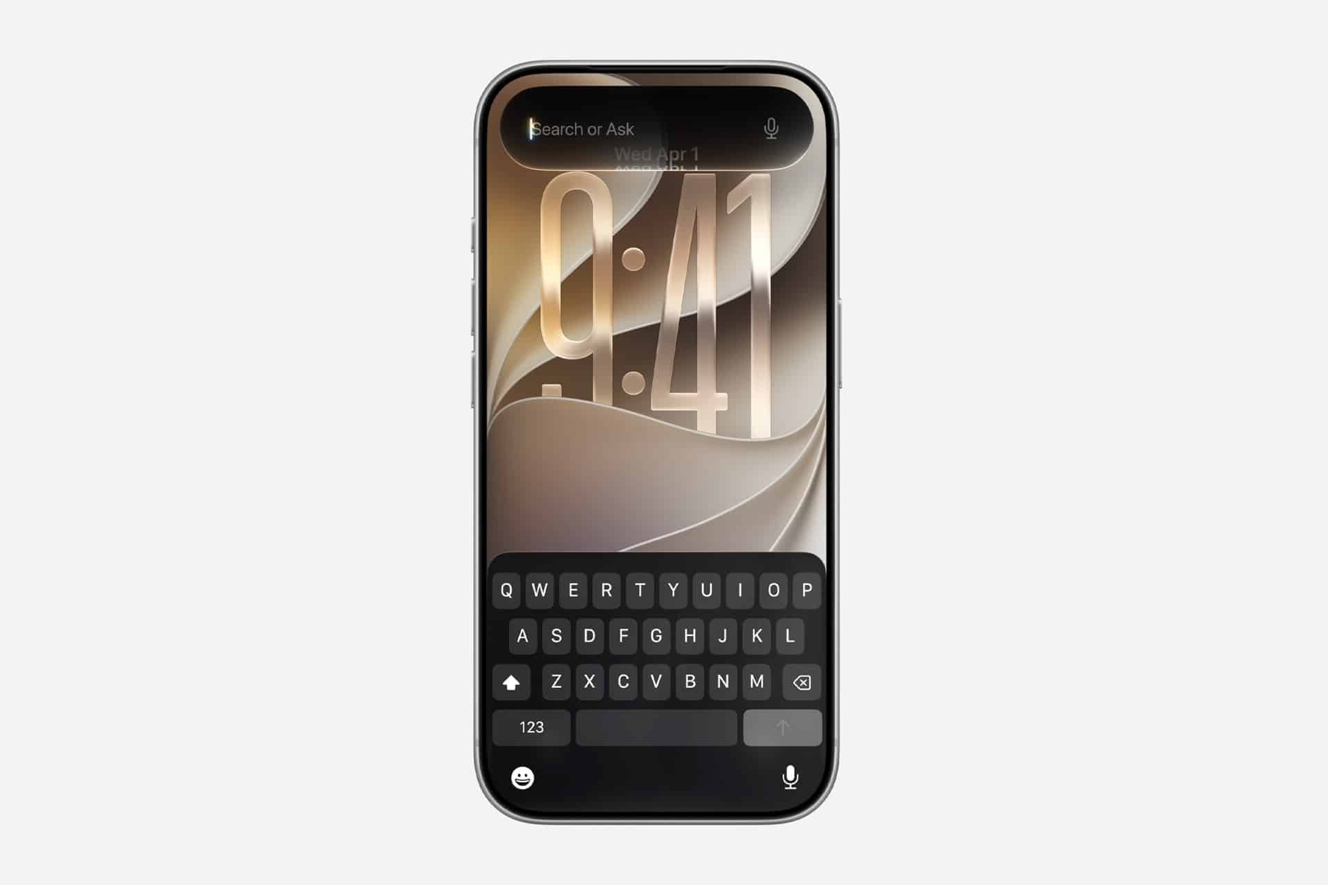 A smartphone displaying a digital clock reading 9:41 on its lock screen, featuring a translucent keyboard at the bottom and an abstract beige-and-brown background—perfectly capturing the innovative spirit of WWDC26.