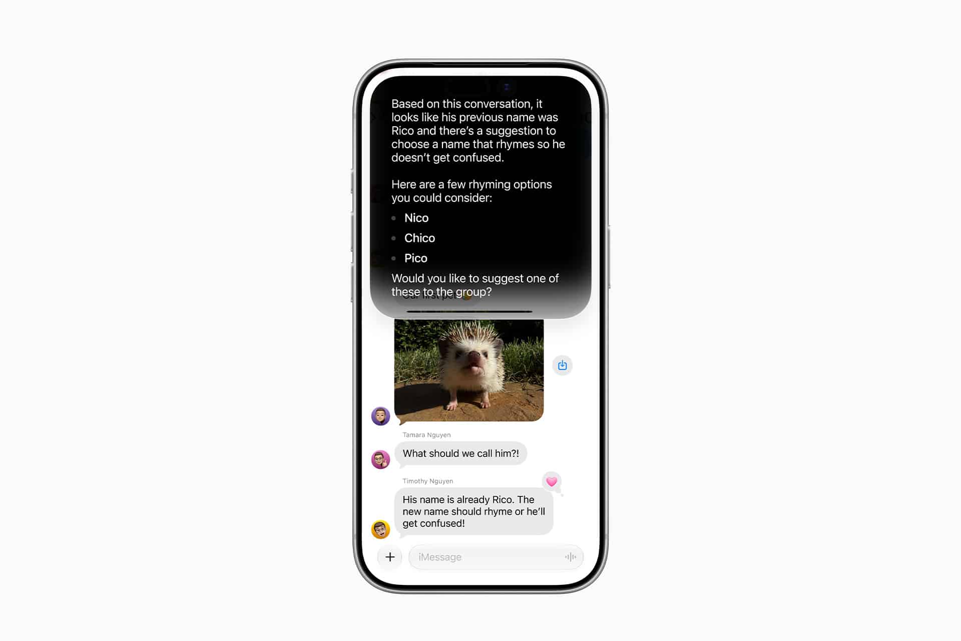 An iPhone displays a group chat discussing pet name ideas, with a Siri AI-powered suggestion box at the top offering rhyming names based on context. Below, a hedgehog photo is shared, and users comment about choosing a name.