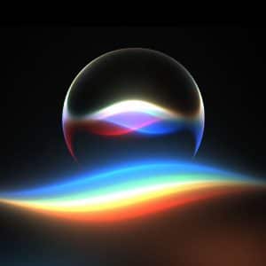 A glowing, multicolored wave and orb on a dark background, resembling Apple’s Siri icon, with a small Apple logo in the bottom right corner.