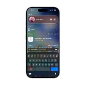 An iPhone Spotlight search for "Olivia Rico" shows a contact, suggestions, a calendar event for Olivia Rico's 19th birthday on March 1, and related photos, all powered by the new features in iOS 27.