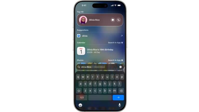 An iPhone Spotlight search for "Olivia Rico" shows a contact, suggestions, a calendar event for Olivia Rico's 19th birthday on March 1, and related photos, all powered by the new features in iOS 27.