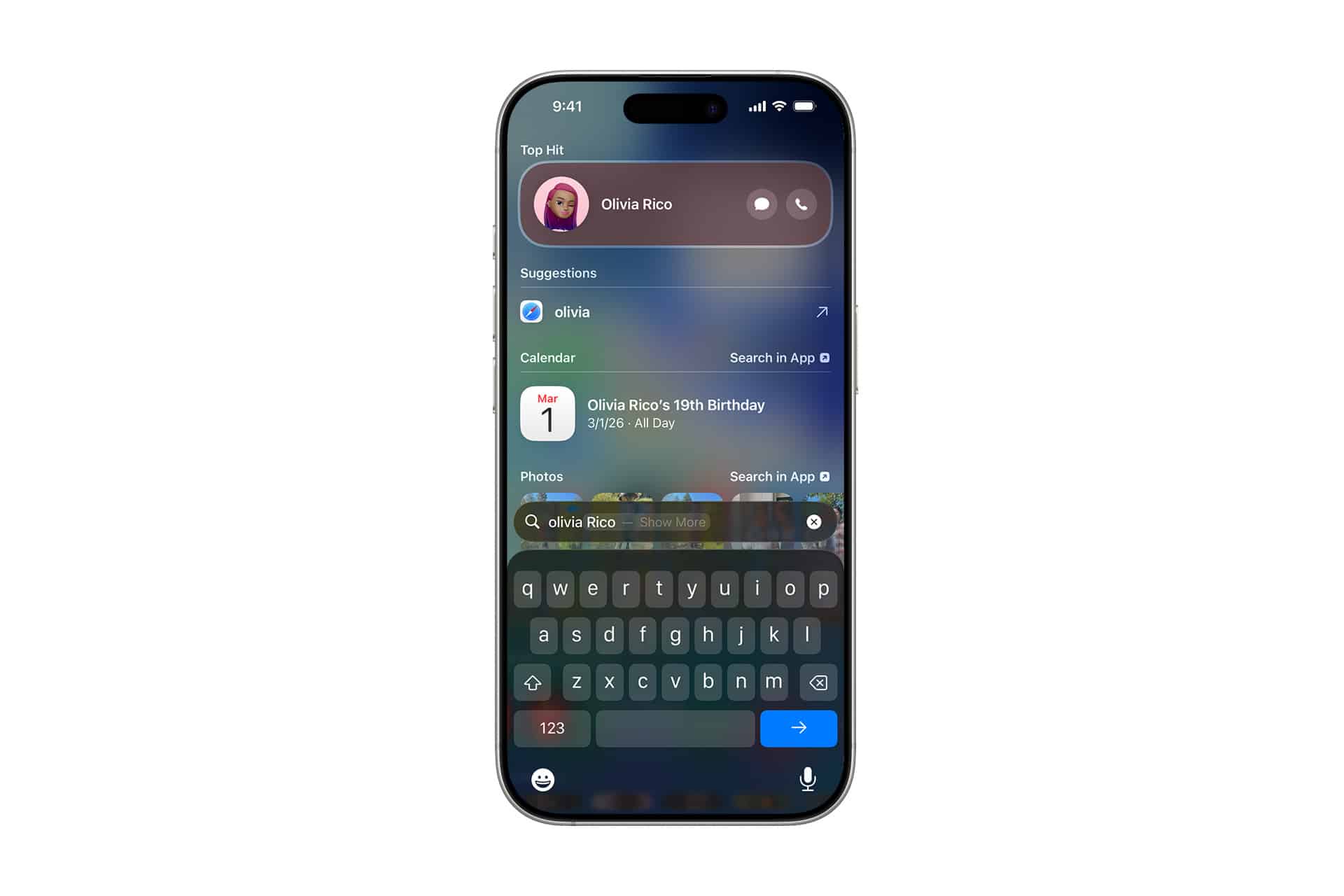 An iPhone Spotlight search for "Olivia Rico" shows a contact, suggestions, a calendar event for Olivia Rico's 19th birthday on March 1, and related photos, all powered by the new features in iOS 27.