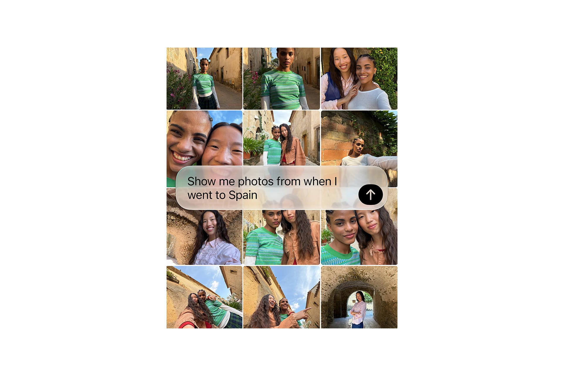 A collage of cheerful travel photos featuring two friends at scenic locations, highlighted in iPhone Spotlight, with a text overlay that says, "Show me photos from when I went to Spain.