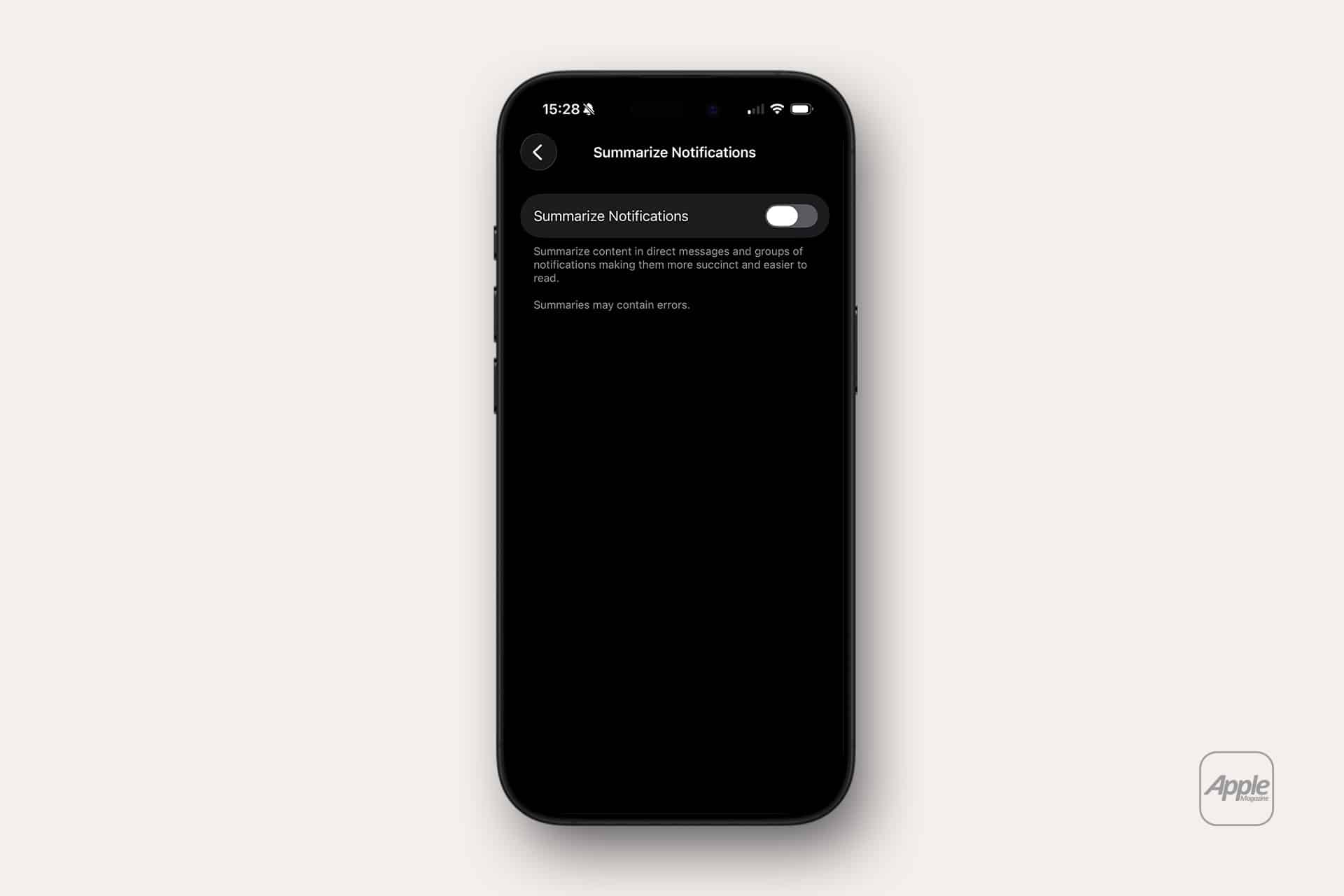 A smartphone screen displays the "Summarize Notifications" setting, currently turned off in iOS. The black background highlights a brief description below the toggle, with an Apple logo in the bottom right corner.