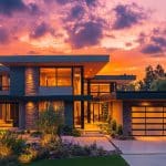 A modern two-story house with large windows and a flat roof is illuminated at sunset. The vibrant sky enhances the landscaped yard and driveway, while home app automations perfectly complement the home's sleek, contemporary design.