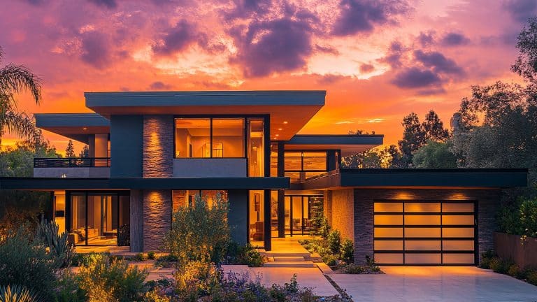 A modern two-story house with large windows and a flat roof is illuminated at sunset. The vibrant sky enhances the landscaped yard and driveway, while home app automations perfectly complement the home's sleek, contemporary design.