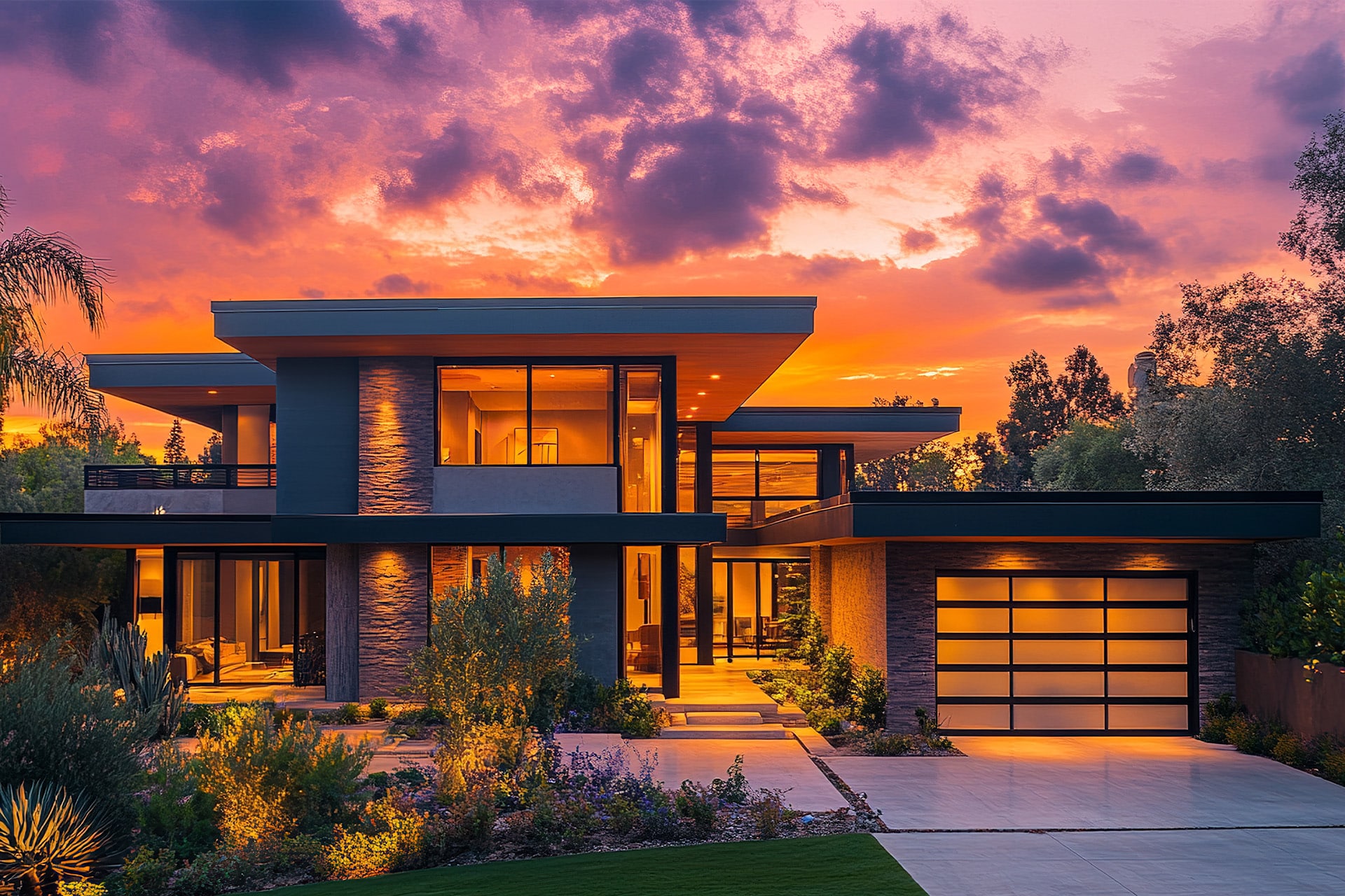 A modern two-story house with large windows and a flat roof is illuminated at sunset. The vibrant sky enhances the landscaped yard and driveway, while home app automations perfectly complement the home's sleek, contemporary design.