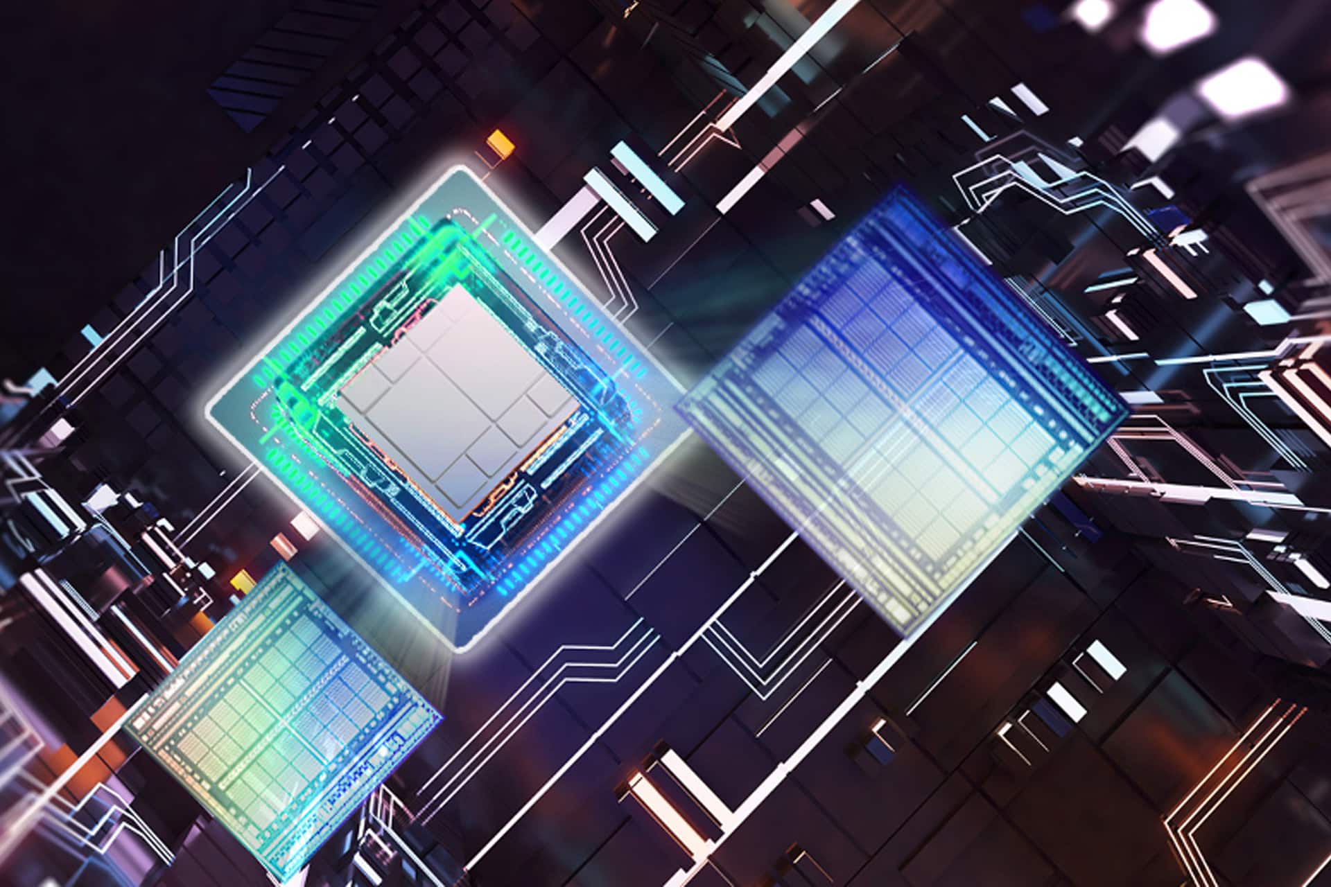 A digital illustration of three glowing microchips interconnected by circuitry on a futuristic, dark technological background with bright neon accents, capturing the surge in TSMC AI chip demand.
