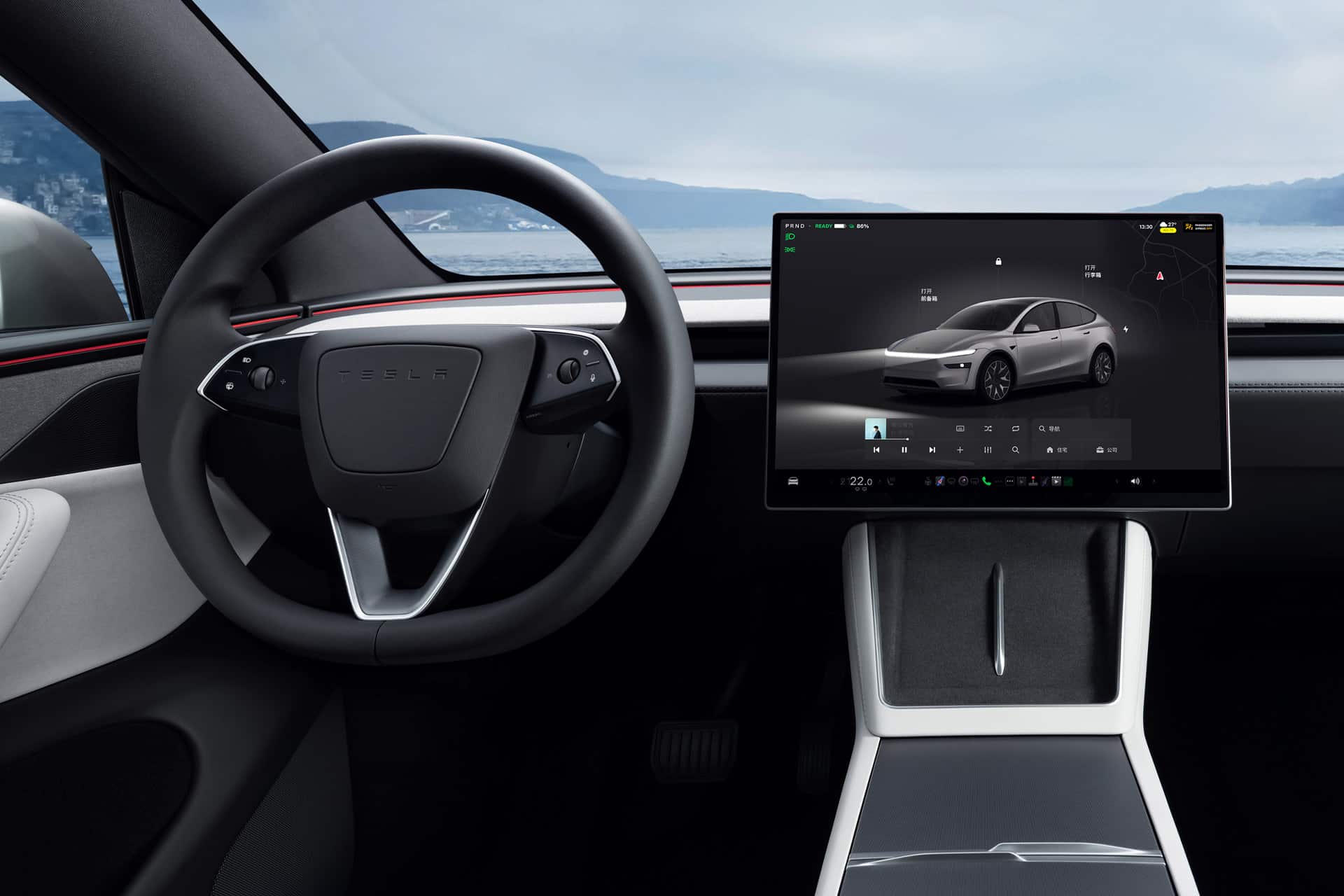 The interior of a Tesla car featuring a minimalist dashboard, a large touchscreen display with Tesla CarPlay, a sleek steering wheel, and a scenic background visible through the windshield.