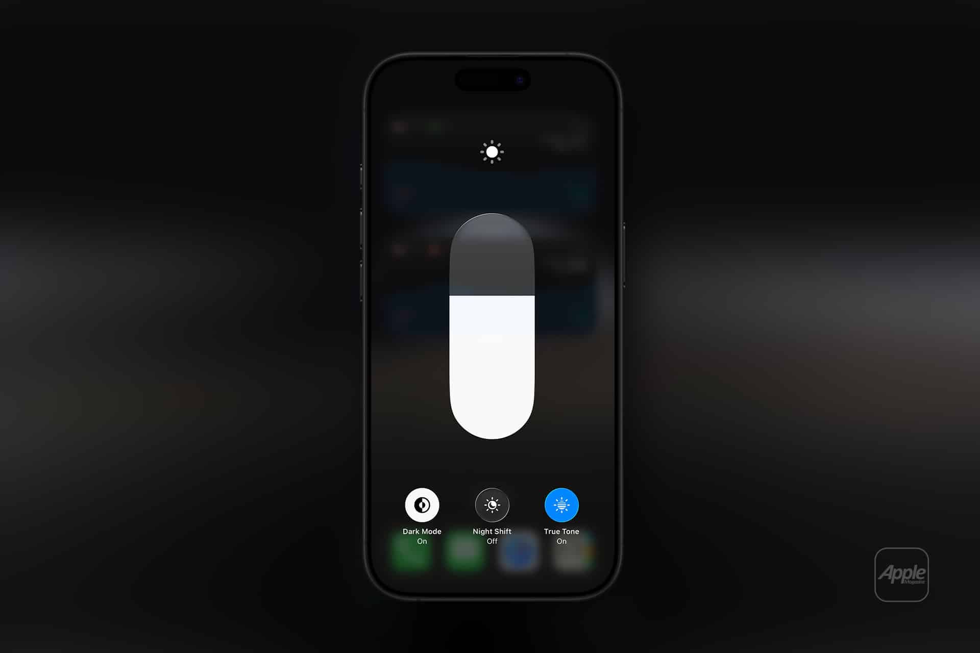 A smartphone screen shows the brightness control slider and options for Dark Mode, Night Shift, and True Tone settings, all turned off—similar to controls found on an Apple display. The Apple logo is visible in the bottom right corner.