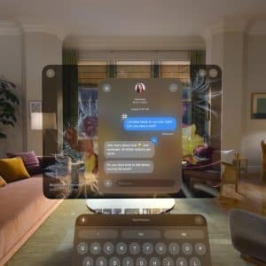 A modern living room is viewed through a transparent virtual screen on Apple Vision Pro, displaying a text message conversation and a digital keyboard, blending Siri AI-powered augmented reality with the cozy home setting.
