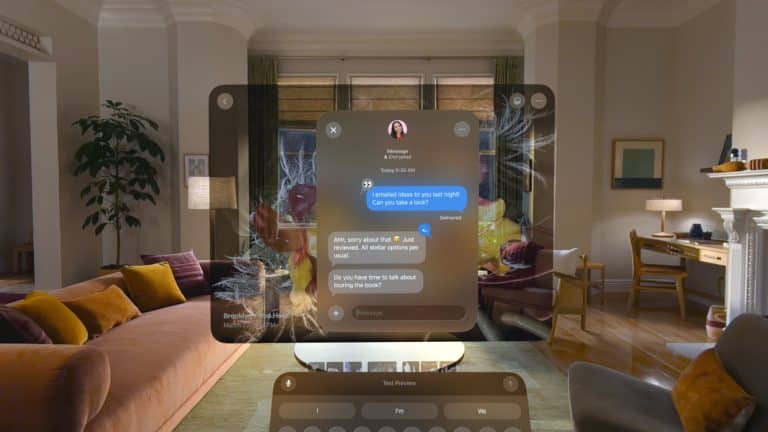 A modern living room is viewed through a transparent virtual screen on Apple Vision Pro, displaying a text message conversation and a digital keyboard, blending Siri AI-powered augmented reality with the cozy home setting.