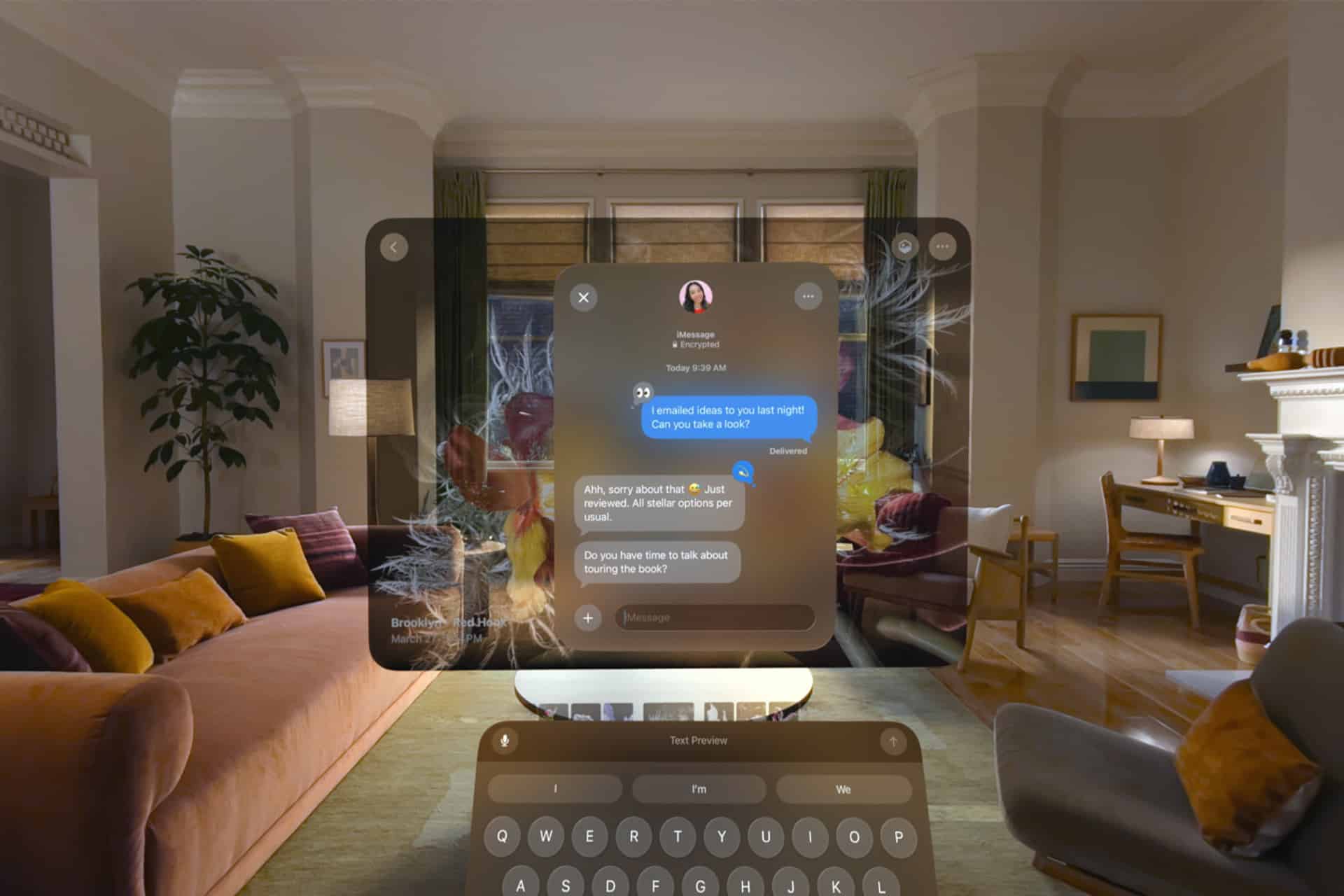 A modern living room is viewed through a transparent virtual screen on Apple Vision Pro, displaying a text message conversation and a digital keyboard, blending Siri AI-powered augmented reality with the cozy home setting.