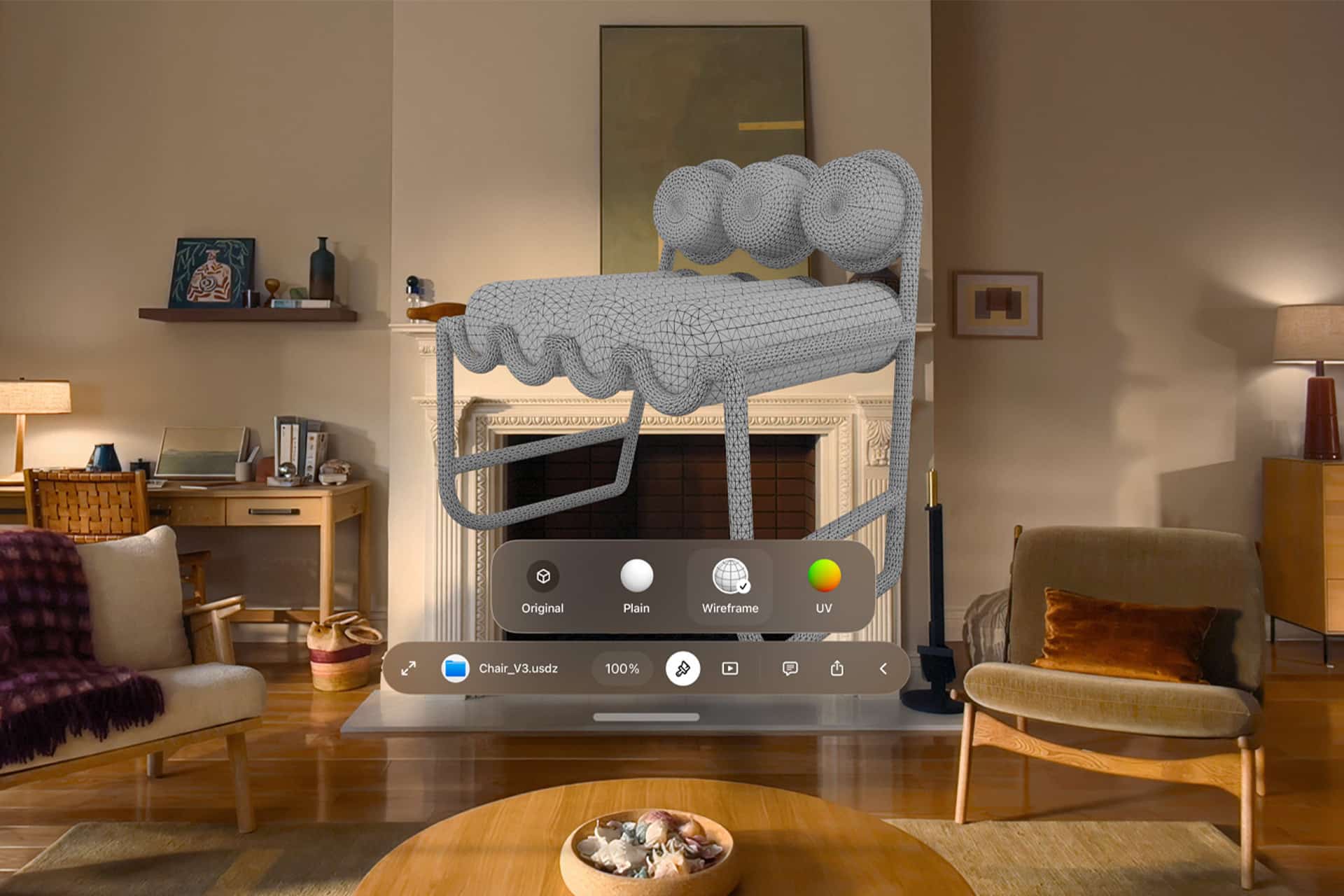 A cozy living room with a digital interface on Apple Vision Pro displaying a 3D wireframe chair design, superimposed in front of a fireplace and surrounded by modern furniture and warm lighting.