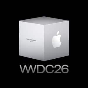 A silver cube with the Apple logo and "Apple Design Award 2026" text on a black background. Below the cube, "WWDC26" appears in bold silver letters, celebrating excellence at the Apple Design Awards.