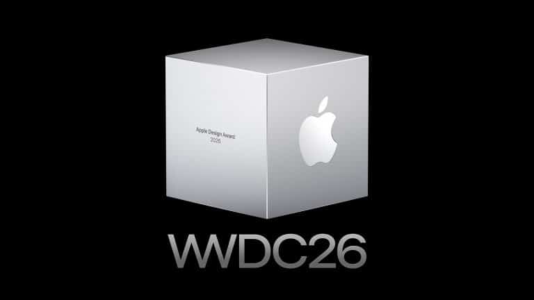 A silver cube with the Apple logo and "Apple Design Award 2026" text on a black background. Below the cube, "WWDC26" appears in bold silver letters, celebrating excellence at the Apple Design Awards.