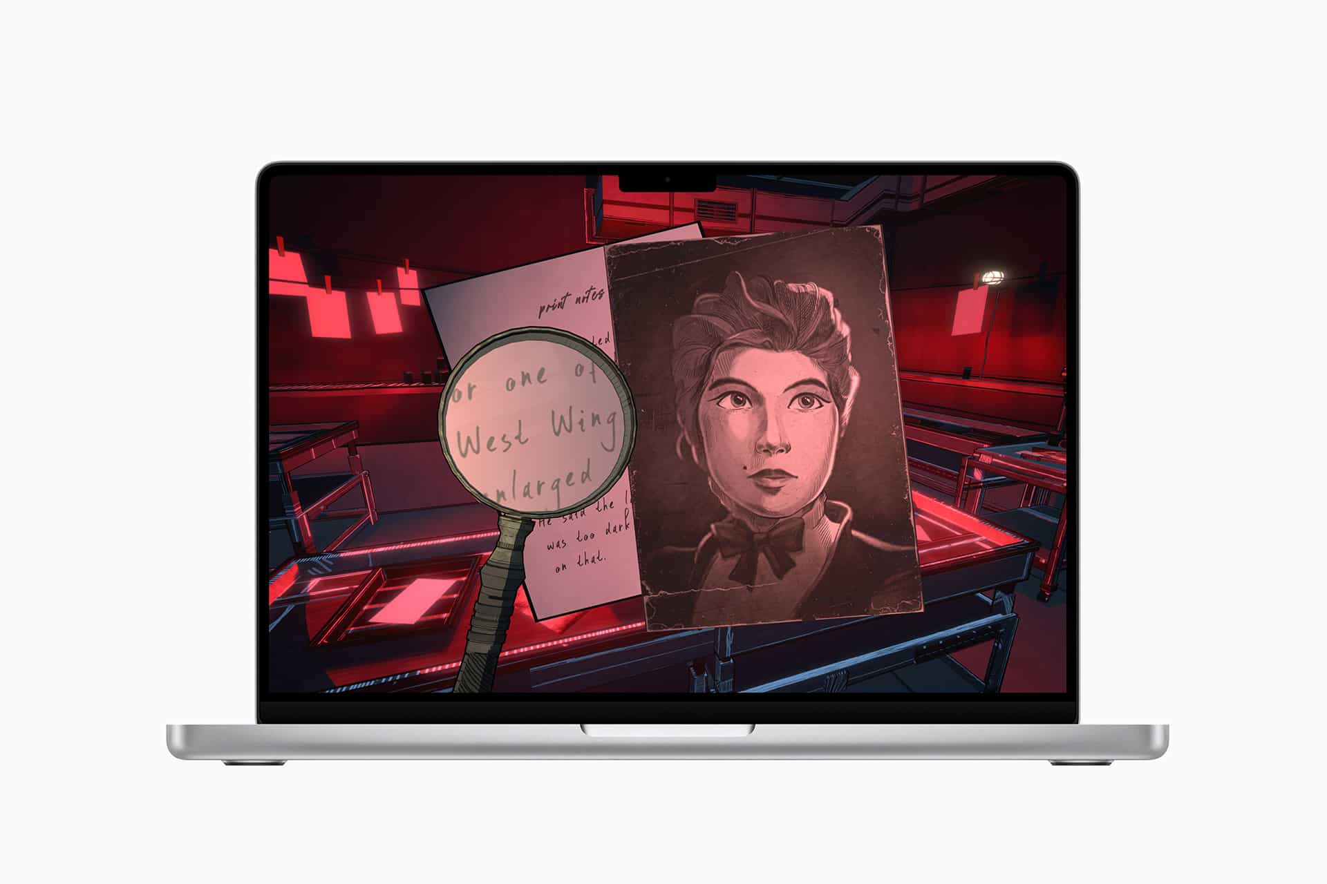 A laptop screen displays a dark red-tinted scene with a vintage portrait of a woman, handwritten notes, and a magnifying glass highlighting the words "West Wing"—reminiscent of the mysterious mood seen in some Apple Design Awards winners.
